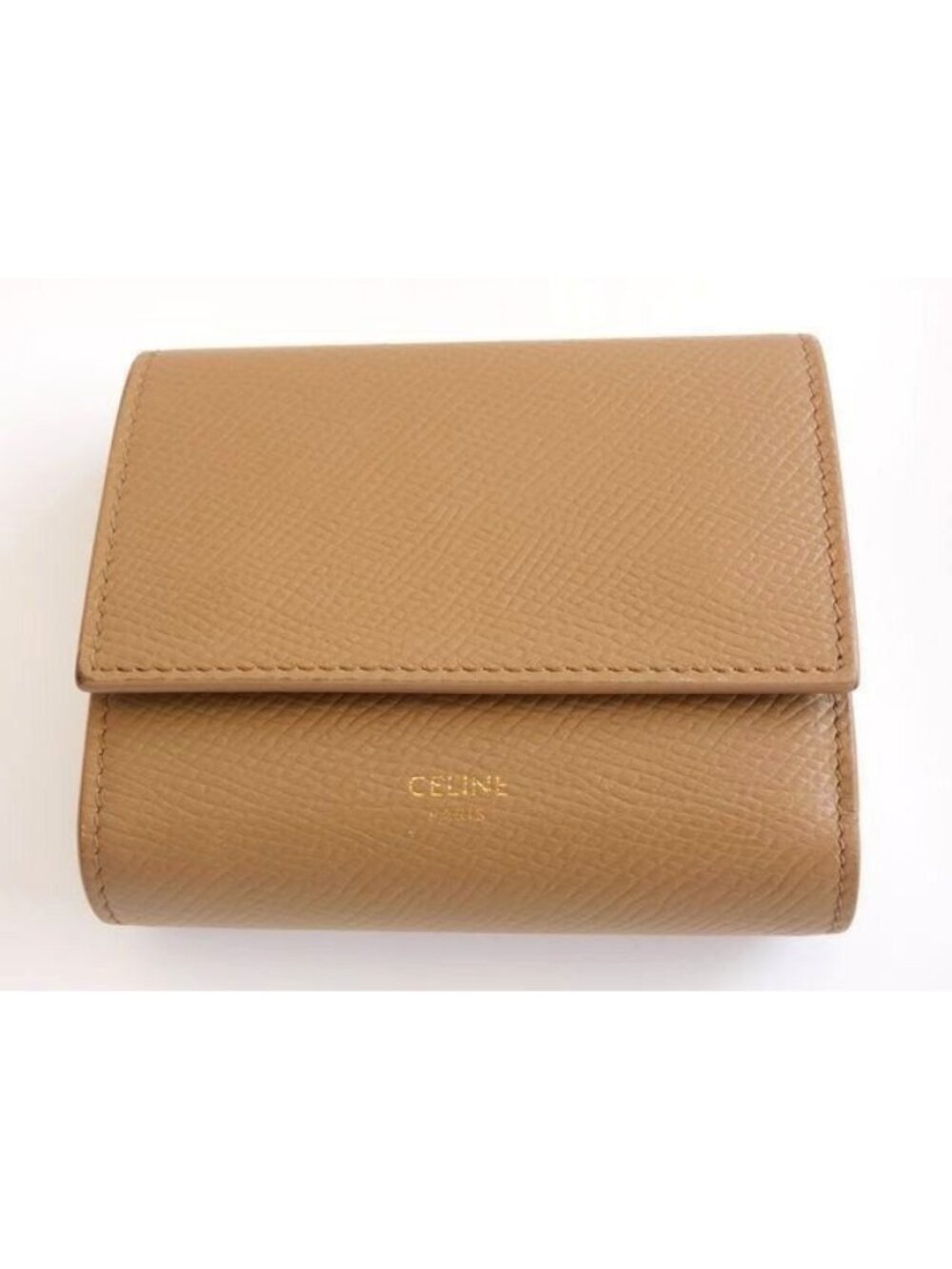 Celine 3 Fold Wallet Mini Compact Small Trifold Leather Beige